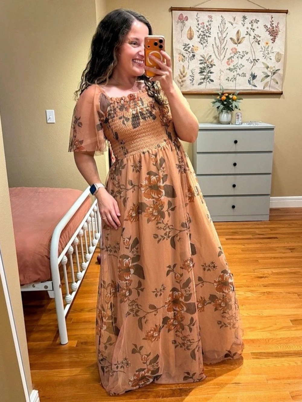 Baltic Born Cassandra Tulle Floral Maxi Dress in Brown & Orange Size Large